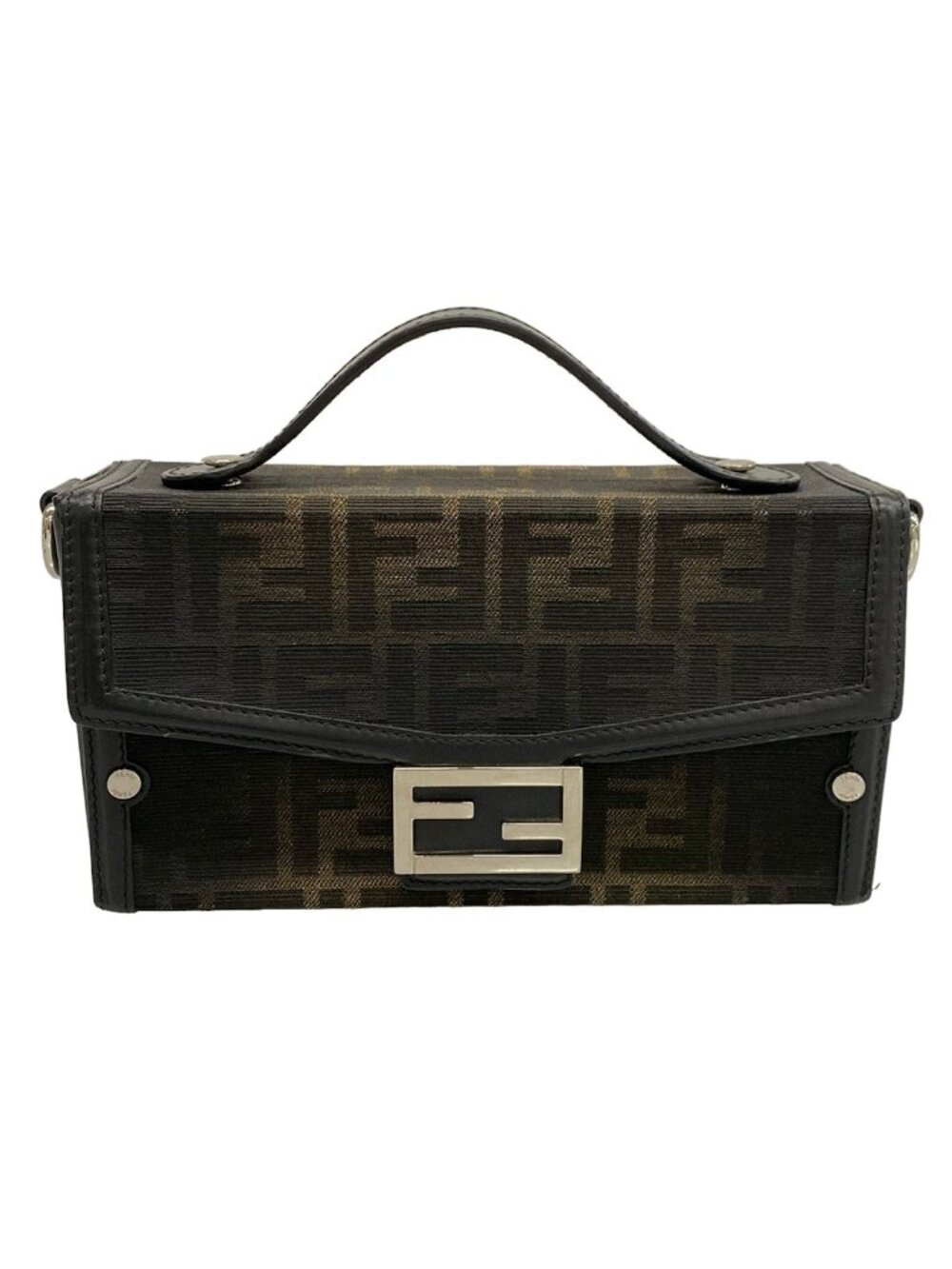 Fendi Handbag Baguette Soft Trunk Zucca Pattern Black Dark Brown Leather